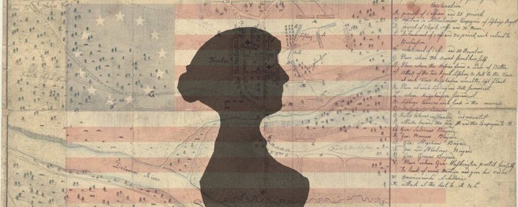 Agent 355 graphic. Silhouette of woman over enscribed over United States Colonies flag. Source: https://greydynamics.com/agent-355-george-washingtons-unknown-female-spy/