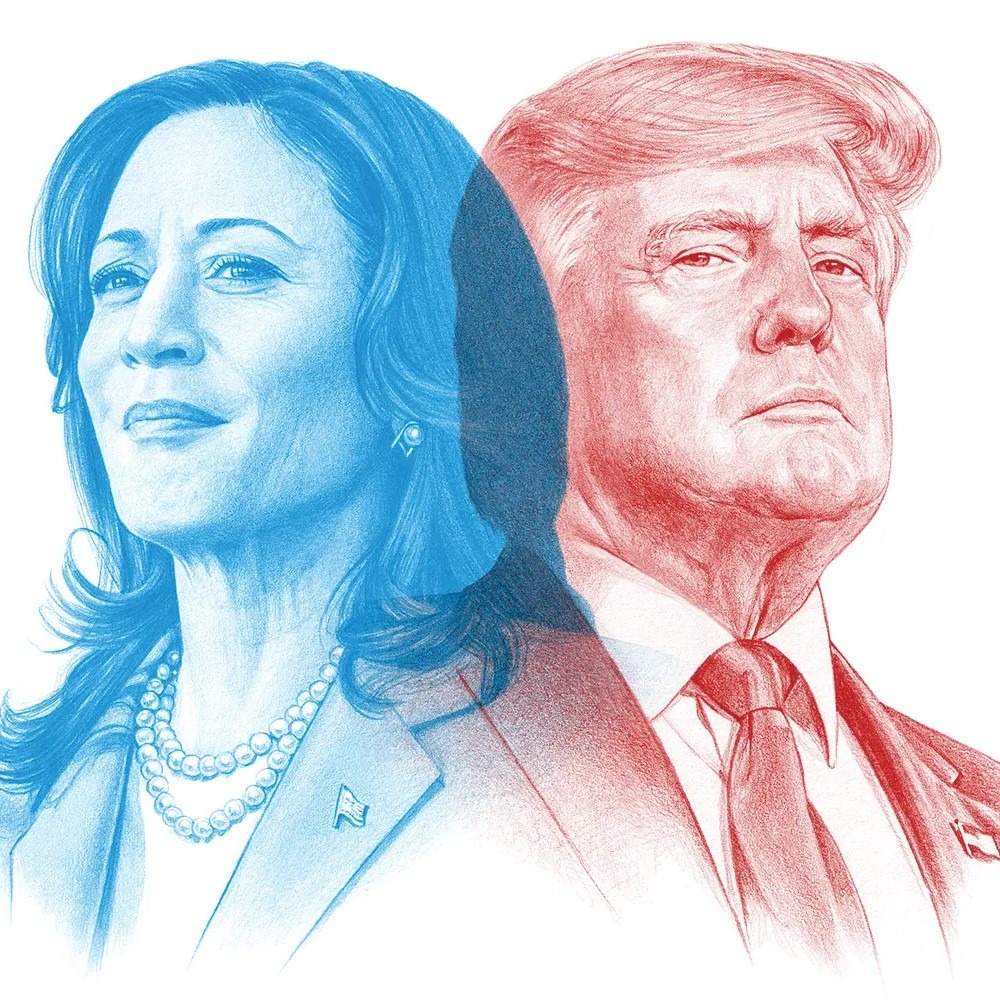 Altered picture of Kamala Harris (depicted in blue) and Donald Trump (depicted in red). Source: https://foreignpolicy.com/2024/09/09/2024-us-election-harris-trump-democracy/