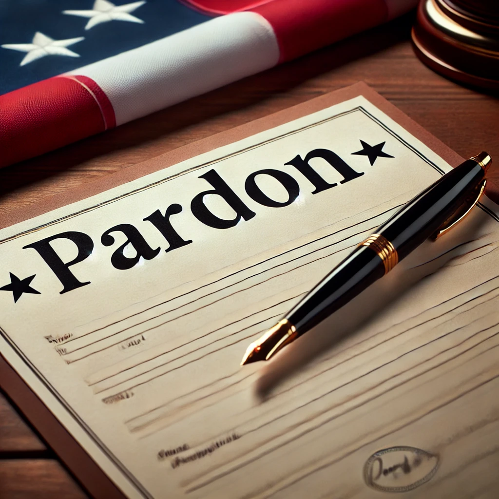 Picture of pen and paper with the title "Pardon" at the top of the page, referring to a Presidential Pardon.